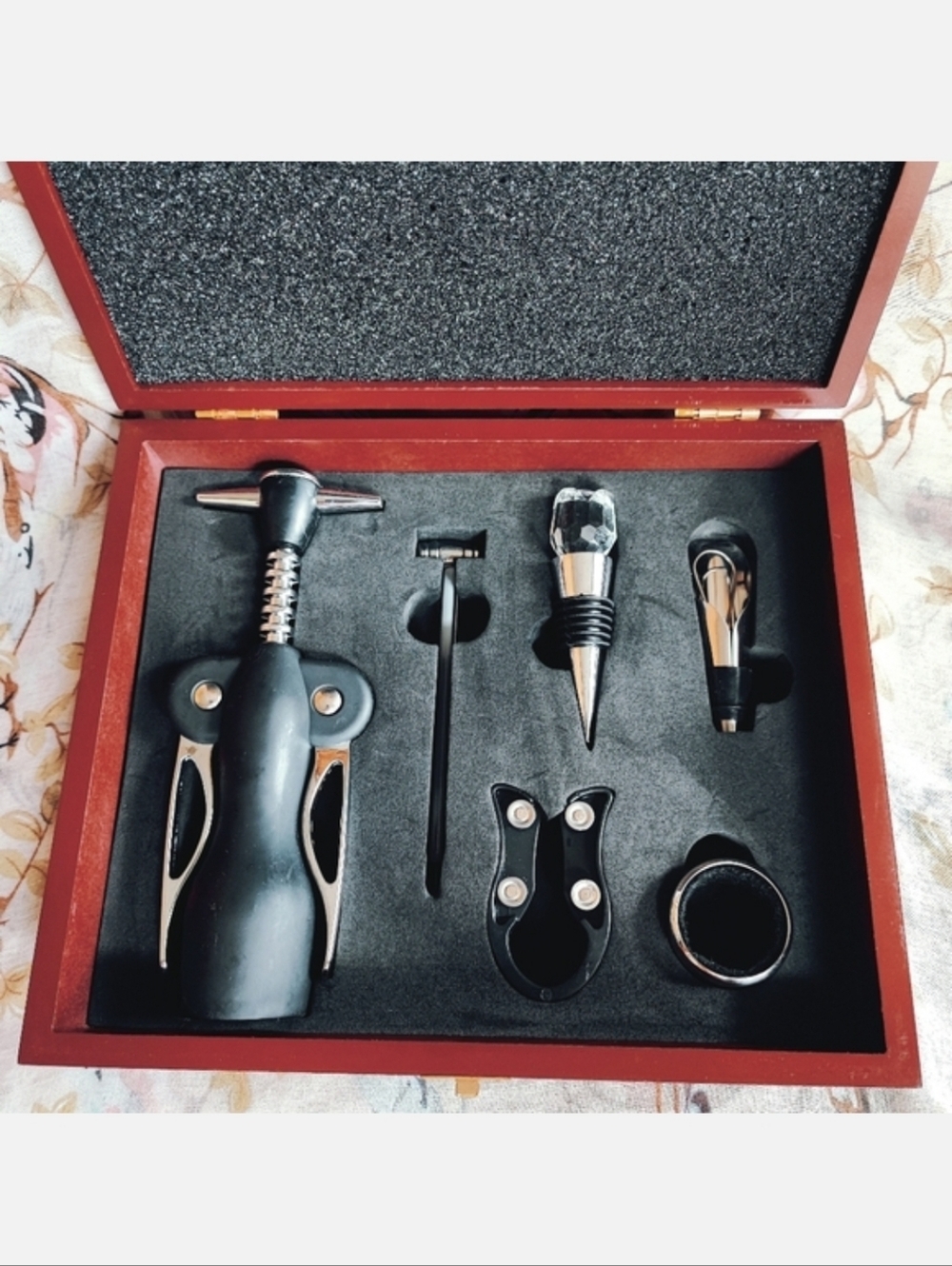 Wine Vino Winery Bottle Stopper Thermometer Accessories Cherry Wood Box Chest